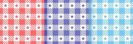 Gingham seamless pattern. Check vichy prints with stars. Set of tablecloth backgrounds. retro wallpapers. Tartan textile grid. Plaid textures. Flannel lumberjack backdrops. vector illustrationのイラスト素材