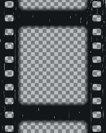 old frame. Black photo tape on transparent background. Vintage cinematic reel border. Close-up cinema strip with slides. retro camera roll. Negative of filmstrip. vector illustration.のイラスト素材