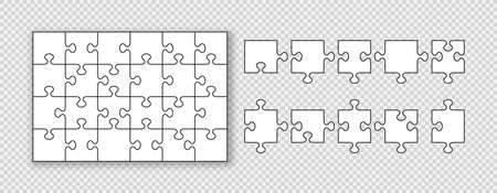 Puzzle pieces set. Jigsaw outline grid. Scheme for thinking game. Simple mosaic background with separate shapes. Cutting template with 4x6 details. frame tiles. vector illustration.のイラスト素材