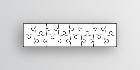 Puzzle pieces set. Jigsaw outline grid. Scheme of thinking game. Modern background with mosaic shapes. simple frame tiles. Cutting template with 16 details. vector illustration.のイラスト素材