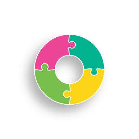 Puzzle pieces set. Jigsaw grids in round shape. Scheme for thinking game. Simple mosaic background with 4 separate shapes. Cutting template with details. Frame tiles. Vector illustration.のイラスト素材