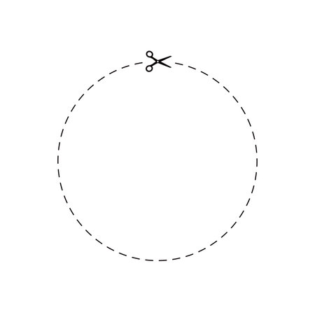Scissor with dash cut line. Dot marks in circle shape on voucher. Black shear crop border. Trim ribbon with scissor on white coupon background. Paper cutting icon with dotted snip. Vector illustrationのイラスト素材