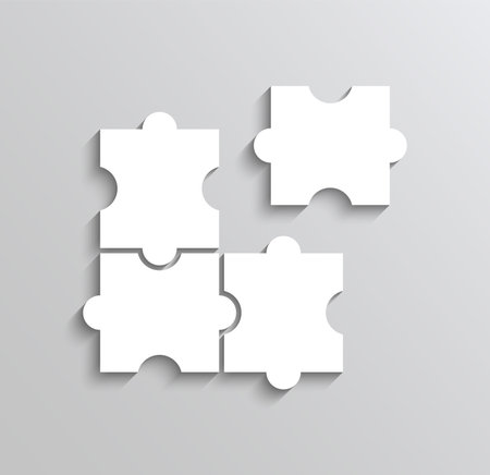 Puzzle template. Layout of thinking mosaic game with 4 details. Jigsaw pieces. Laser cut grid. White modern background. Infographic diagram. Vector illustration.のイラスト素材