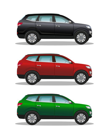 Three luxury offroad cars, black, red, green. Different colors vehicles. Realistic crossover on white background. 4x4 transport.のイラスト素材