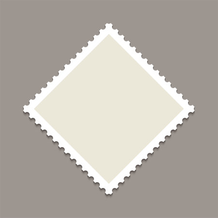 Rhombus postage perforated label. Empty mail stamp. White paper postmark for envelope letter. Post stamp. Postal frame. Blank border isolated on gray background. Vector illustration.のイラスト素材