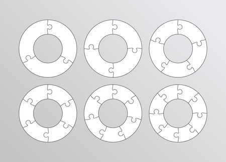 Collection of ring jigsaw grids. Cutting templates with details. Scheme for thinking game background. Puzzle grids set with 3, 4, 5, 6, 7, 8 pieces. Simple mosaic. Frame tiles. Vector illustration.のイラスト素材