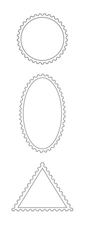 Empty outline post stamp set. Circle, oval and triangle postal shapes borders. Collection paper postmarks for mail letter. Postage stamps set. Vector illustration.のイラスト素材
