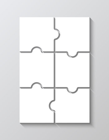 Jigsaw pieces grid. Laser cut template. Puzzle mosaic layout with 6 details. Layout of thinking mosaic game. White modern background. Infographic diagram. Vector illustration.のイラスト素材