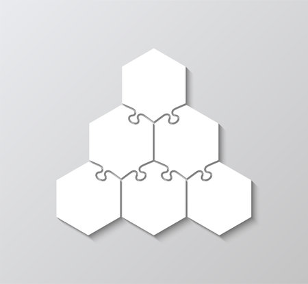 Puzzle hexagonal grid. Hexagon business presentation infographic. Jigsaw pieces layout. 6 pieces, steps, parts of process diagram. Business presentation for infographics. Vector illustration.のイラスト素材