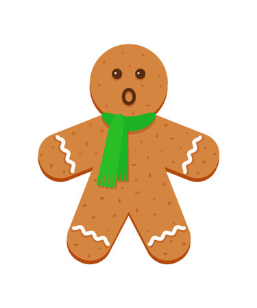 Gingerbread man with green scarf. Classic Christmas cookies. Cute ginger bread character in flat cartoon design. Xmas biscuit isolated on white background. Vector illustration.のイラスト素材