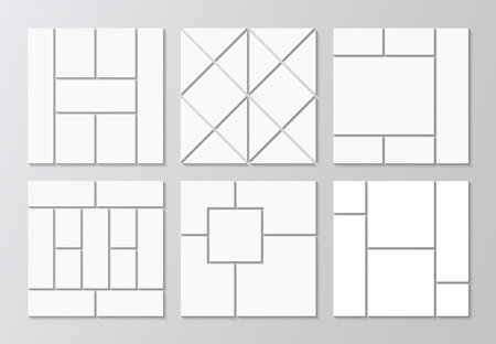 Portfolio images isolated on gray background. Moodboard templates set. Collection of mosaic pictures grid. Photo collage layout. Mood board frame. Album brandboard. Vector illustrationのイラスト素材