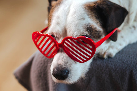 A beautiful dog in heart-shaped glasses lies on the bed and is sad. Valentine's day concept. The 14th of Februaryの写真素材