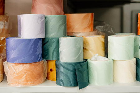 Samples of fabrics for the production of vertical blinds for windows in a storeの写真素材