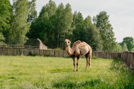 A camel stands on a camel farm on the sand in a zoo.の写真素材