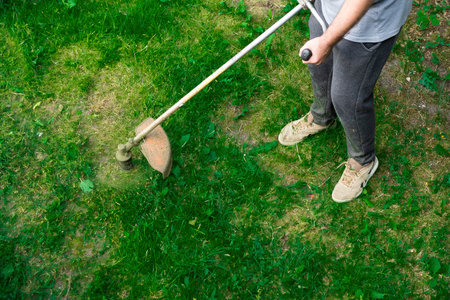 A man mows the grass with a mower in his garden plot in summer.の写真素材