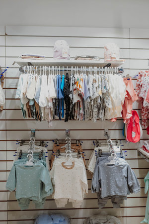 Baby overalls hang on a hanger in a children's clothing store. baby clothing.の写真素材