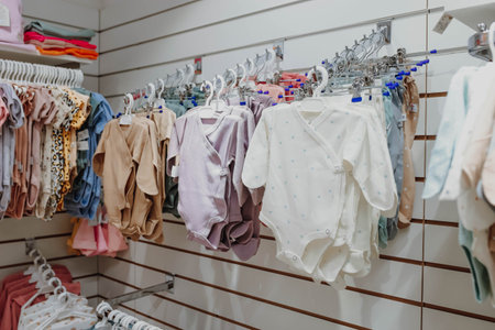 Baby overalls hang on a hanger in a children's clothing store. baby clothing.の写真素材