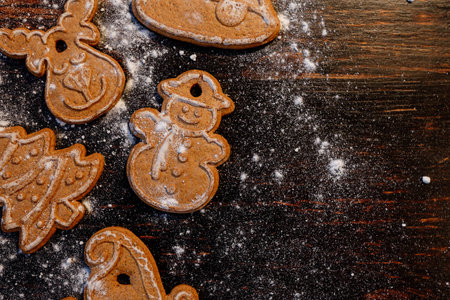 Christmas food. Homemade gingerbread cookies on a wooden table.
