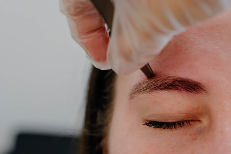 A makeup artist plucks a woman's eyebrows with tweeters. Beautiful thick eyebrows close-up. Professional makeup and cosmetological skin care.の写真素材