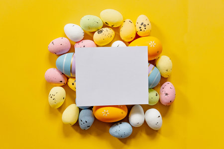 Multi-colored Easter eggs on a yellow spring background. Happy easter.の写真素材
