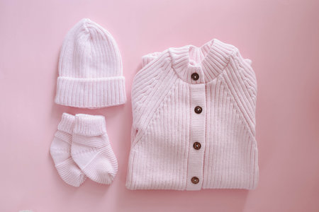Knitted jumpsuit for a newborn on a pink background. Outerwear for toddlers for walks in autumn or...