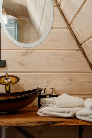 interior of a wooden triangular house in the forestの写真素材