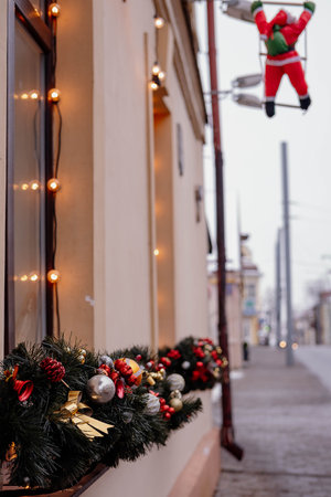 Christmas decoration on the street of the old town of Tallinn, Estoniaの写真素材