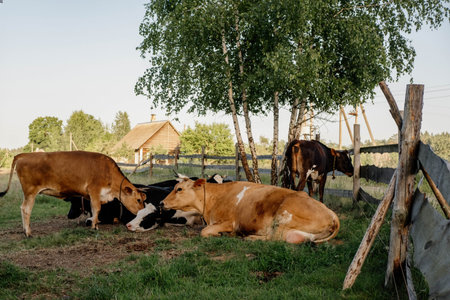 Herd of cows on a green meadow in sunny summer day