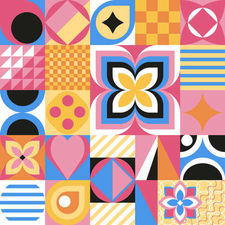 seamless geometric background made up of colored squares, circles, triangles, stripesのイラスト素材