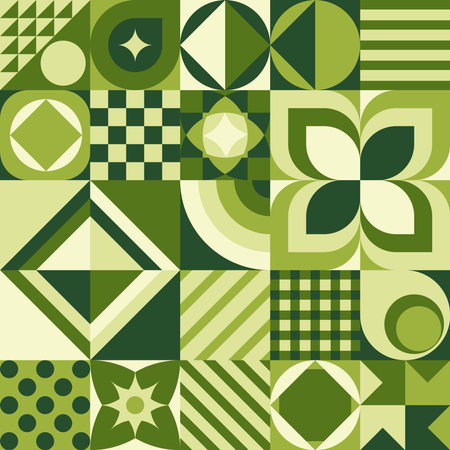 seamless geometric pattern of squares, circles and triangles in green colorsのイラスト素材