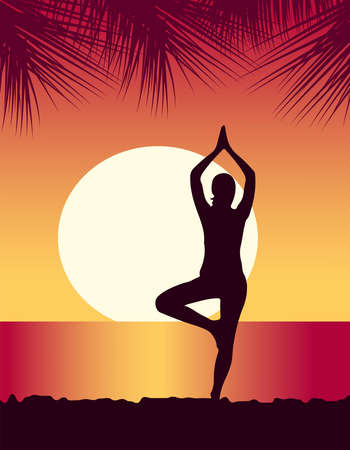 yoga girl meditates on the beach at sunsetのイラスト素材