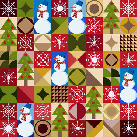 Christmas seamless multicolored pattern. snowflakes, Christmas trees, snowmen. New Yearのイラスト素材