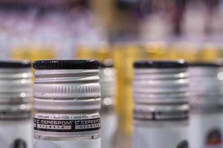 Moscow, Russia, February, 2018: Close up View of a cover of a  bottles of russian vodka in the store...