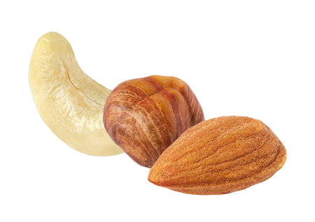 Cashews almonds hazelnuts, isolated on a white background