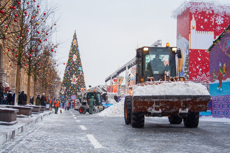 Moscow, Russia, December 2018. Special equipment of municipal services removes snow from Red Square...