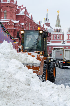 Moscow, Russia, December 2018. Special equipment of municipal services removes snow from Red Square (editorial)のeditorial素材