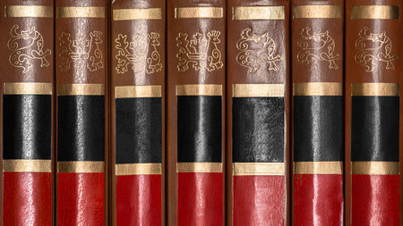 A row of antique books with leather hardcover as background, texture