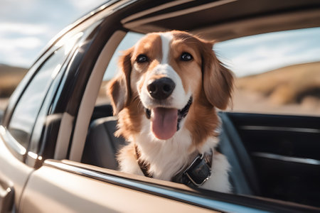 A pet-friendly travel scene with a dog happily riding in a carの素材