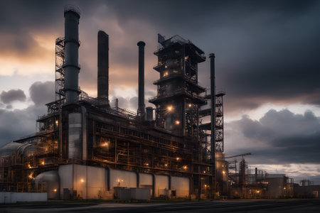 The exterior of a towering industrial complex against a dramatic skyの素材
