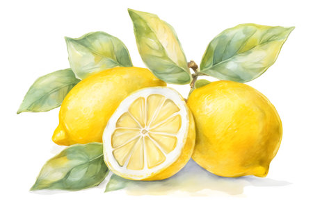 Illustration of fresh lemons with leaves, whole and sliced, on a white background, painted in watercolor, light color, pastelの素材