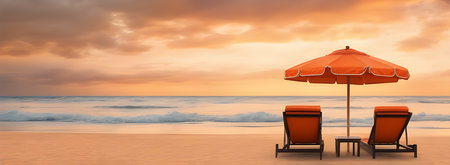 Panoramic view of a two chaise lounges under an umbrella on the shore sandy beach, on a sunset background, beautiful orange clouds (banner, copy space)の素材