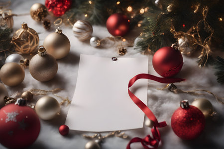 Close-up view of a beautifully arranged featuring sparkling ornaments with Christmas decorations and empty card letter to Santa (mock up)の素材