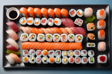 A beautifully arranged sushi platter with a variety of a fresh colorful nigiri and maki rollsの素材