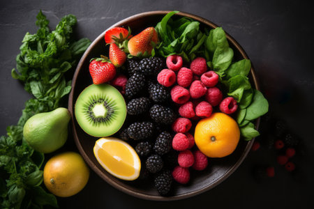 A vibrant plate of assorted detoxifying foods, featuring leafy greens and colorful berries, highlighting the essence of clean eating.の素材