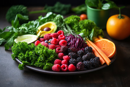 A vibrant plate of assorted detoxifying foods, featuring leafy greens and colorful berries, highlighting the essence of clean eating.の素材