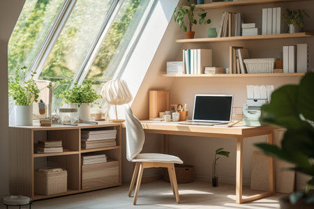 Interior of a home office in Scandinavian style, functional and stylish workspace, natural wooden materials, organized, abundance of natural lightの素材