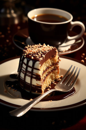 Close-up view of a coffee cup and biscuit cake on the saucer. A drizzle of chocolate syrup on the biscuit cake. Shallow depth of fieldの素材