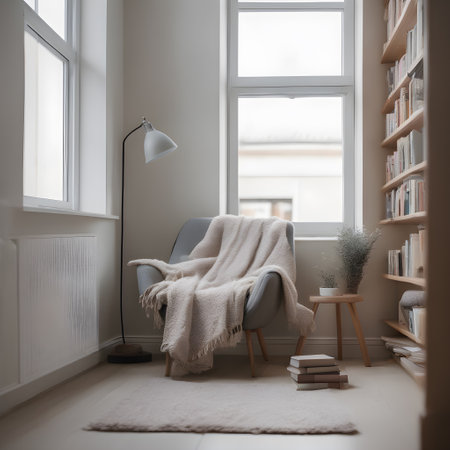 Interior of a reading corner in Scandinavian style with comfortable armchair and cozy blanket, bookshelf.の素材
