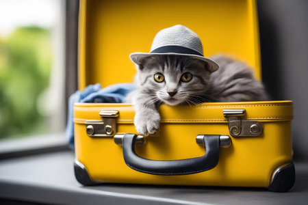 A cute gray kitten wearing a hat, sitting in yellow suitcase, travel conceptの素材