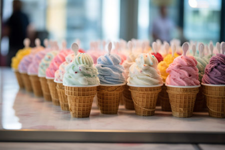 Close up view of an ice cream parlor's counter with rows of multi colored ice cream conesの素材